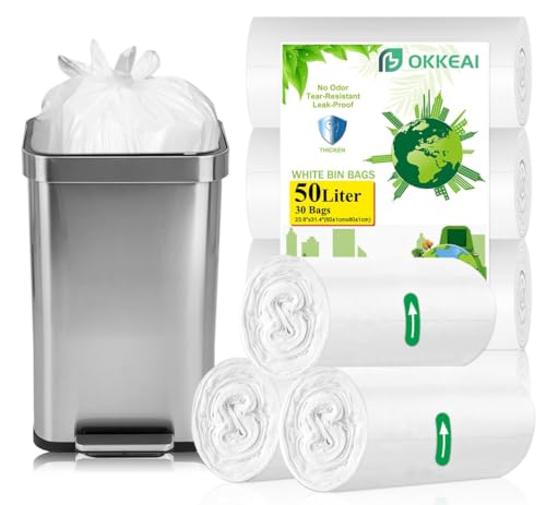 OKKEAI 50L Kitchen Bin Bags White, Large Strong Bin Bags Plastic Polythene Bin Liners, 30 Count Leakproof Design Heavy Duty Trash Bags for Kitchen, Restaurant and Commercial Use