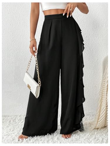 Verdusa Women's Lace Mesh Sheer Wide Leg Pants Ruffle High Waisted Dress Pants3