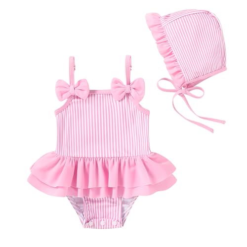 Image of YOUNGER TREE Baby Girls Swimsuit One Piece Swimwear Ruffled Infant Swimsuit Floral Print Bathing Suit with Hat,UPF 50+