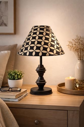 Image of tu casa Modern Table Lamp with Crimson Floral Satin Shade | Metal Iron Base Decorative lamp for Living Room| Study & Home Decor, Designer Table Lamp for Gifting (Infinity Lattice)