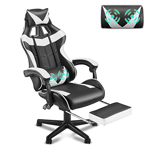 Soontrans Massage Gaming Chairs White with Footrest, Ergonomic Gamer Chair, Video Game Chairs for Adults Teens with Headrest, Lumbar Support Adjustable Recliner Chair(Polar White)