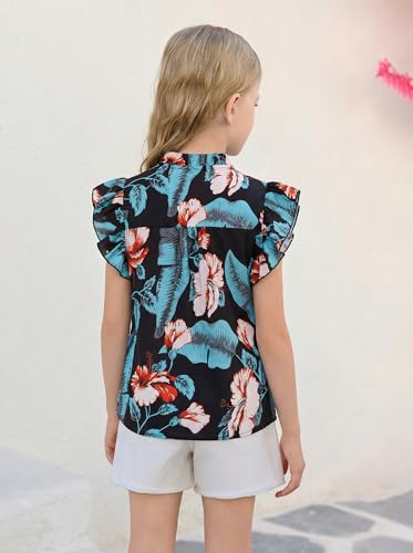 Image of Haloumoning Girls Ruffle Short Sleeve Floral Chiffon Blouses Kids Summer Shirts Tops 5-14 Years