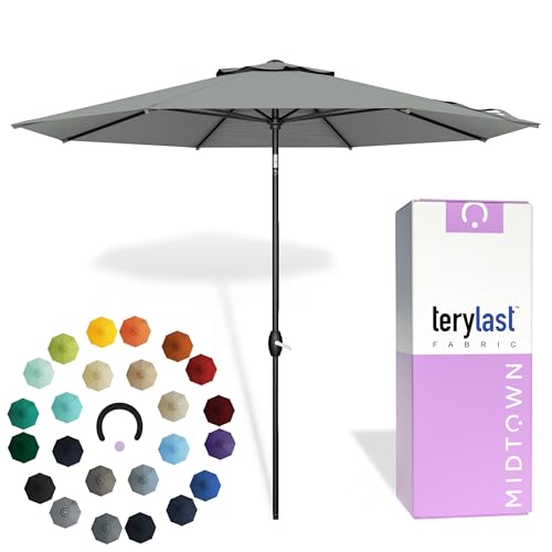 Image of Midtown Umbrellas - 10-Year-No-Fade 10 Ft Patio Umbrella with Terylast Fabric, Auto-Tilt Aluminum Frame and 8 Reinforced Ribs for Deck, Pool, Garden & Beach - Matter Grey Canopy, Black Pole