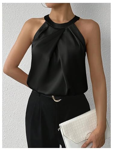SweatyRocks Women's Pleated Halter Sleeveless Satin Blouse Keyhole Back Tank Top4