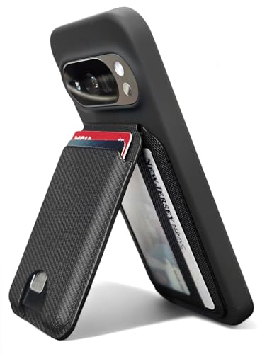 ENCASED Magnetic Wallet for Google Pixel 10 10 Pro XL Compatible with PixelSnap Magnet Cases - Bifold Nugan Leather Card Holder with ID Display Pocket (Kickstand Phone Stand) Carbon Fiber Black