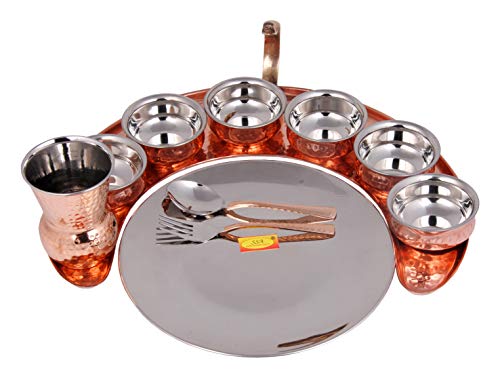 SHIV SHAKTI ARTS Quality of Material - Happyness Premium Pure Copper | Steel Dinner Set, Thali Set - Serving Dinnerware Set - (10 Pieces, Moon Dinner Set)