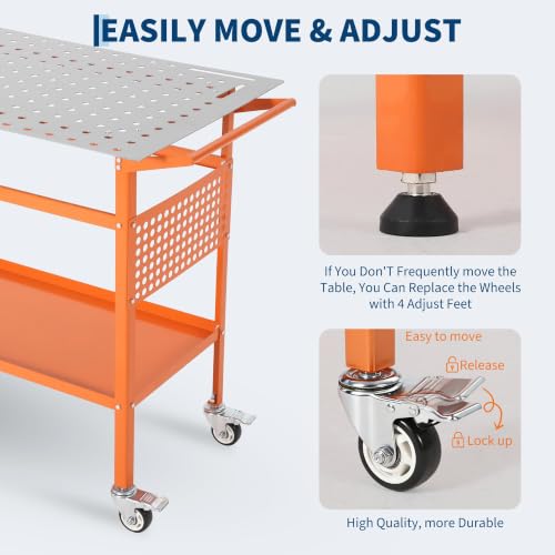 Image of 36x24in Welding Table 800LBS Mobile Workbench with 4 Wheels & Fixed Base | Movable Steel Work Bench with Side Pegboard, Hooks, Storage Tray, for Garage Workshop, Welding, Assembly and Repair