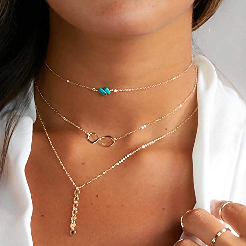 Preisvergleich Produktbild Jovono Böhmen Türkis Blue Boho Mehrschichtige Halsketten Perlen Liebe Pailletten Anhänger Halskette Kette Schmuck für Frauen und Mädchen (Gold)