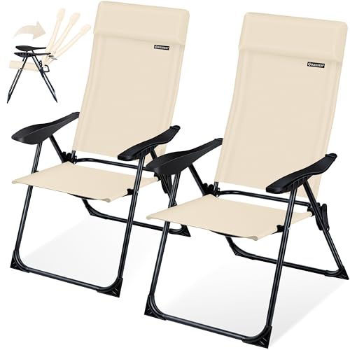 KESSER® Juego de 2 Sillas de Jardín Plegables de Aluminio con Respaldo Alto Ajustable 7 Posiciones, Apoyabrazos Transpirables, Portátiles, Silla de Camping para Jardín y Terraza, Beige