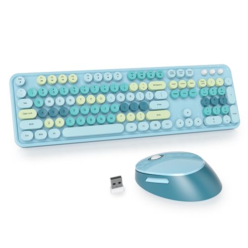 Image of Owpkeenthy Blue Keyboard and Mouse Wireless，Cute Typewriter Keyboard Wireless 2.4GHz Full-Size with Retro Round Keycaps for Desktop, Laptop and Computer(Coloful Blue)