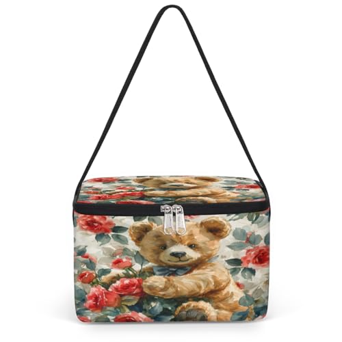 GzLeyigou Bear with Red Roses Lunch Bags for Women Men 9 Cans, Hot & Cold Food Delivery Bag Insulated Grocery Bag Insulated Lunch Box Valentine's Day Cooler Bag for Office Work Picnic Beach