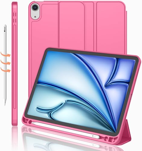 Printme Compatible with iPad Air 11 Inch Case M4 2026 /M3 2025 /M2 2024, iPad Air 5th/4th Gen 10.9 Inch Case with Pencil Holder, Trifold Stand Smart TPU Cover (Pink)