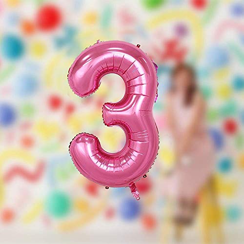 Image of AMFIN 15 Inch 3 Number Foil Balloons for 3rd Birthday Baby Girl Party Decorations, Third Wedding Anniversary Decoration Items - Pink