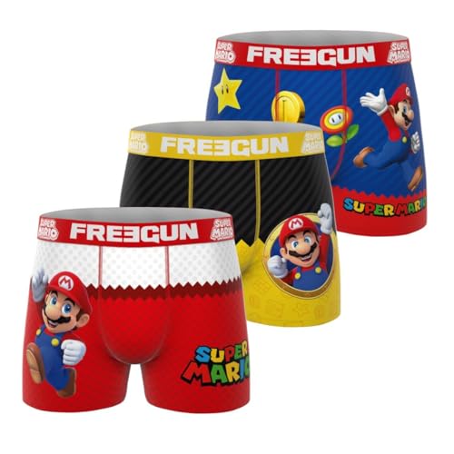 Freegun Super Mario Boxershorts für Herren, Mario und Yoshi (3 Stück), Gelb/Rot/Weiß, L
