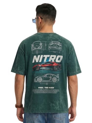 Image of Veirdo Heavy GSM Pure Cotton Men's Graphic Print Oversized Fit Half Sleeve Round Neck Cotton Acid Wash Print T-Shirt in Different Colors with Sizes ranging from S to 2XL.