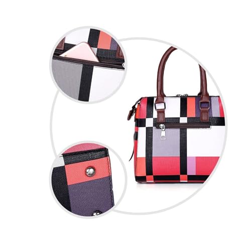 JZ - Bolso tote para mujer, set de 4 piezas, bolso de hombro, bolso bandolera y bolso satchel con estampado a cuadros y cremallera miniatura 5