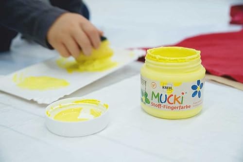 KREUL 28400 - Mucki Stoff-Fingerfarbe, 4 x 150 ml Gelb, Rot, Grün, Blau, leuchtkräftige Farben auf Wasserbasis für Kinder ab 2 Jahren