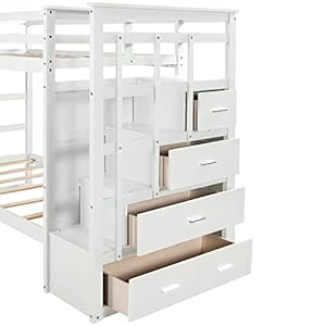 Twin over twin bunk bed with twin size trundle solid wood bunk beds with 4 storage drawers staircase and safety guard rail no box spring needed white  urban country home decor