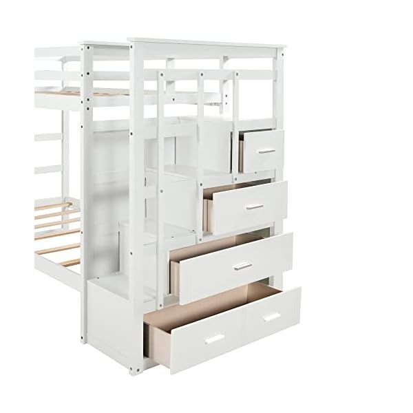 Twin over twin bunk bed with twin size trundle solid wood bunk beds with 4 storage drawers staircase and safety guard rail no box spring needed white  urban country home decor