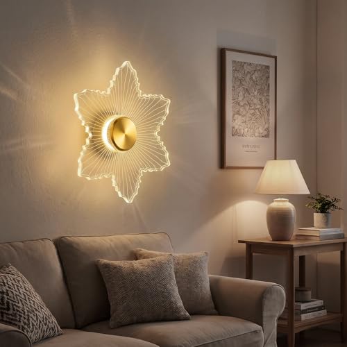 Image of Lampmaster Zyra StarLeaf LED Wall Light | 23cm Acrylic Decorative Lamp | 3 Color Changing | Energy-Efficient | Modern Wall & Ceiling Light for Living Room, Bedroom, Hallway | Gold | 1 Year Warranty