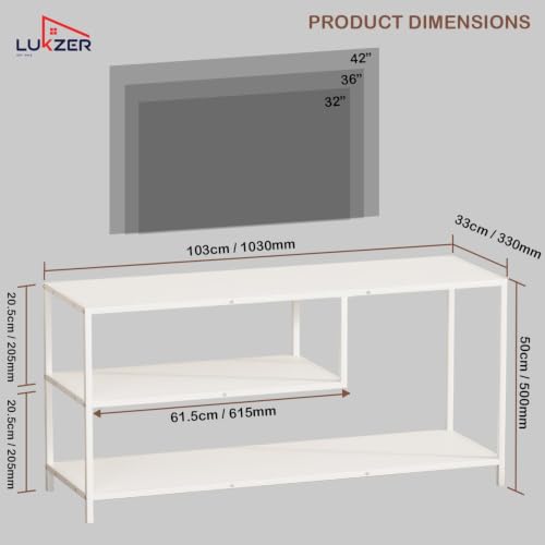 Image of Lukzer Metal & Engineered Wood TV Unit Stand Ideal for TVs Up to 43 Inch | MTU-001 /White & White | Open Shelves for WiFi Router, Set-Top Box, Speakers & Decor | Living Room Storage Rack Organizer