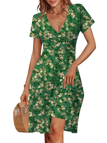 Image of MSBASIC Womens Summer Wrap V Neck Casual Dresses Floral Short Sleeve A-Line Midi Sundress