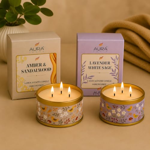 Image of AuraDecor 3-Wick Scented Tin Candle | Premium Gift Set | Hand Poured Soy Blend | Long Lasting | Home Fragrance | Relaxation & Decor (Lavender & Amber)