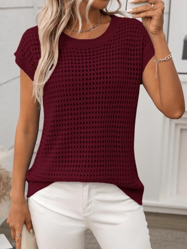 Image of Womens Crochet Cap Sleeve Sweater Summer Crew Neck Casual Hollow Out Knit Tops Pullover Trendy Beach Cover Ups Outfits