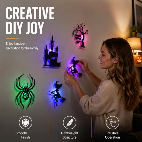 Image of Halloween LED Wall Decor Lights 3D Bat Witch Stickers Window Clings (X2)