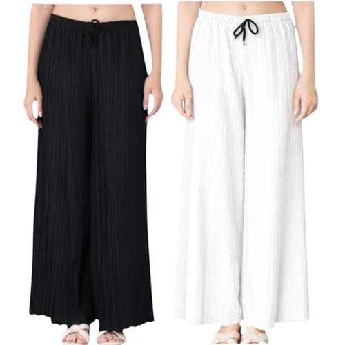 Image of Women Solid Wide Leg Palazzo Pants | Elastic Waist Drawstring Lounge Palazzo Trousers | Casual Comfortable Palazzo for Women & Girls