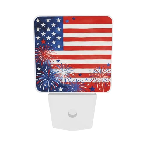 Image of Fireworks Night Light Set of 2, Patriotic USA Auto Sensor LED Dusk-to-Dawn Nightlights, Plug-in Sensor Lamp for Bedroom Bathroom Kitchen Hallway Stairs Decorative