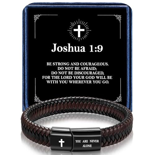 Leather Bracelet for Men Dad Husband Boyfriend Son Grandson Gift, Braided Black Leather Bracelet with Stainless Steel Engraved Joshua Scripture You are Never Alone Jewelry