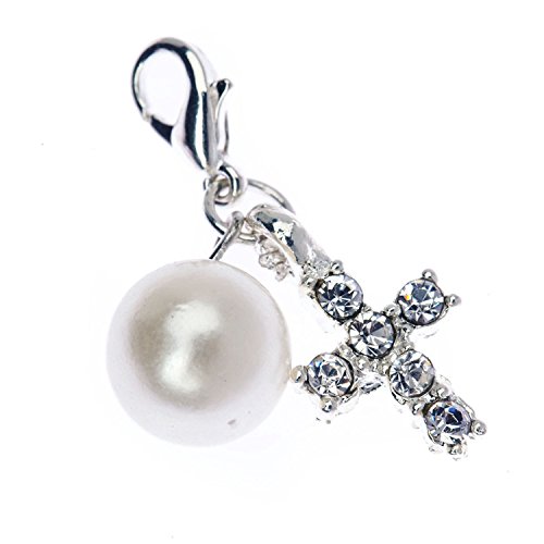Fashion and Jewelry Accessory of Trendy Charm Clip On Pendant for Armbands Bracelets Bangles With Cross Decorations, Pearl and Rhinestones Crystals Gems