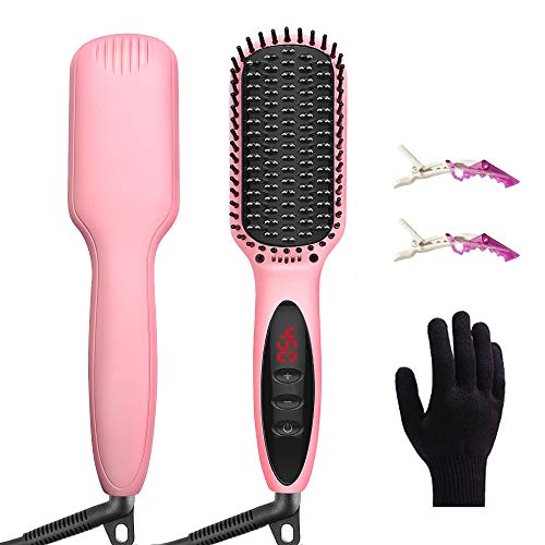 JUMPHIGH Ceramic Ionic Hair Straightener Brush, Fast Heating, Anti-Scald, Auto Temperature Lock & Off, Pink