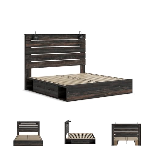 Image of Signature Design by Ashley Drystan King Storage Bed Frame with Drawers, Built-in USB Ports and LED Lights, Rustic Engineered Wood, for Master Bedrooms, Brown, King