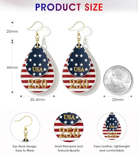Patriotic Earrings for Women, 250th Anniversary American Flag Teardrop Womens USA Earrings for 4th of July, Independence Day Party Outfit Jewelry Lightweight Celebration Present — view 5