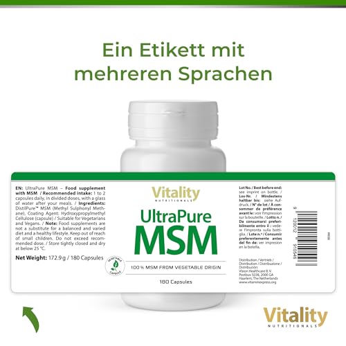 MSM Hochdosiert, Ultra Pure MSM Kapseln mit 1000 mg Methylsulfonylmethan, 180 Kapseln für 6 Monate, ohne unnötige Zusätze Vitality Nutritionals by VitaminExpress