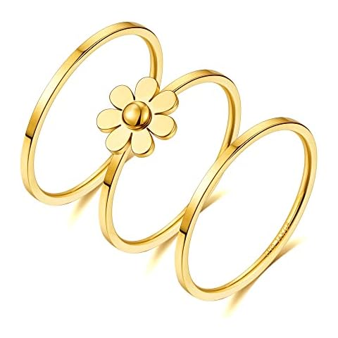 AHSIWC 3pcs 18k Gold Plated Birth Flower Daisy Ring/Stainless Steel Handmade Ring For Woman/Stackable Gold Mother's Ring For Present Gift Cover