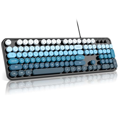 Image of MOFII Computer Keyboard Wired,Round Key Retro Typewriter Keyboard Full Size | USB Plug and Play, for Laptop, PC, Desktop, Windows (Black Blue Gradient Color)