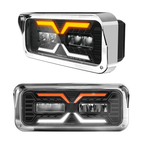 VistRay 2PCS LED Trunk Headlight White Halo & Amber SignalCompatible with PETERBILT 379 378 365 357/KENWORTH W900 T800 T600/Freightliner Classic/Western Star6900 4900 48004x6 LED Replacement