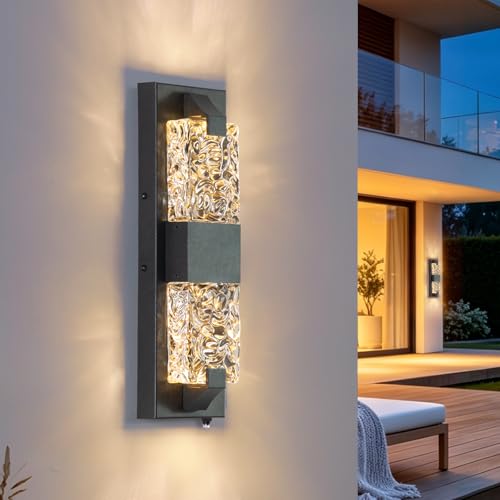 Image of Outdoor Wall Light Dusk to Dawn 12W LED | 15.3'' Exterior Wall Sconce, Crystal Modern Style, Wall Mounted, for Porch, Patio, Hallway, Backyard, Black