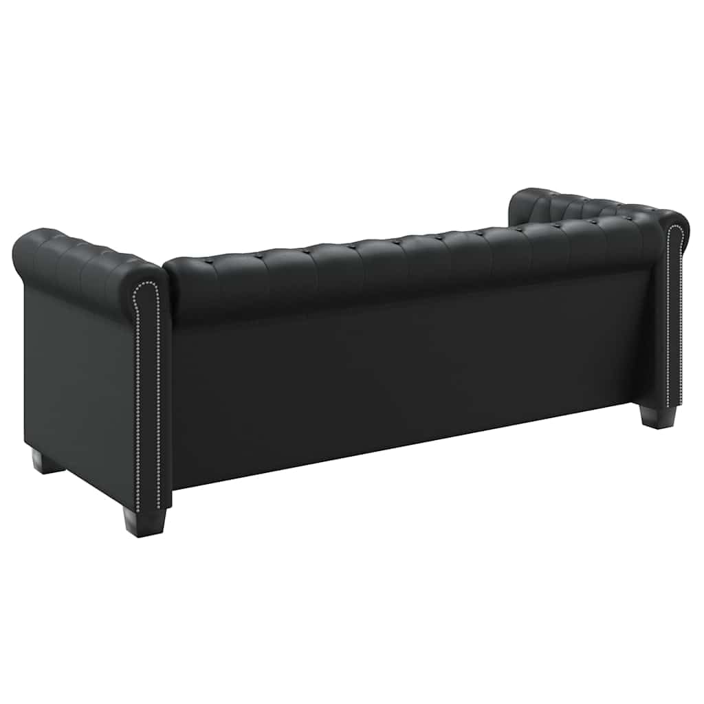 Sofá Chesterfield de 3 plazas, piel sintética, color negro, clásico con cierre de botones y remaches, elegante sofá acolchado de tres plazas para salón y oficina, 200,5 cm de ancho