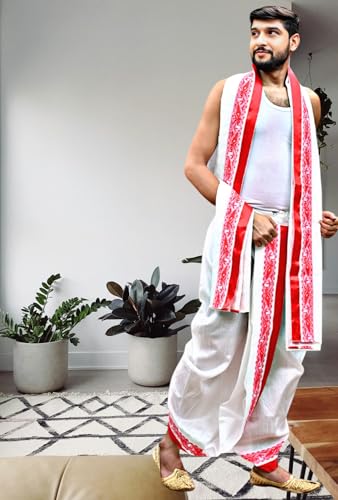 Image of Men's Ethnic | Traditional Ready to wear (Pant System) Readymade Panchakacham Dhoti With Angavastram(Towel) Set, Tassar Silk, Free Size (GC002)