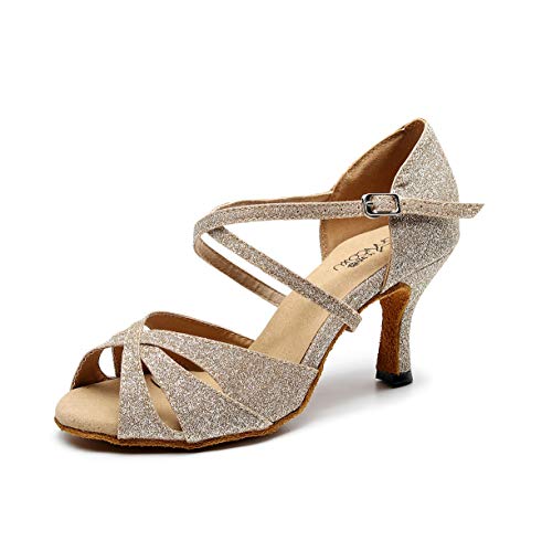 Goettin Women's Glitter Latin Ballroom Dance Shoes Cross-Band Dancing 3 inch Heels (US6) Light Gold