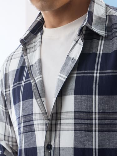 Image of The Souled Store: Blue Sails Men and Boys Long Sleeve Collared Neck Button Front Blue and Cream Checked Embroidered Regular Fit Cotton Linen Shirt