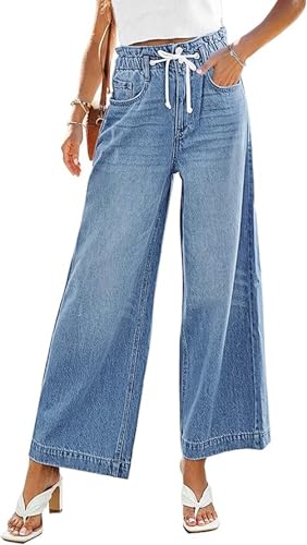 Huang's Women's Wide Leg Elastic Drawstring Denim Pants, ‌Casual Loose Fit Flared Jeans, Straight and Stretchy Trousers