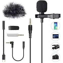 AGPTEK Micrófono de Solapa con Parabrisas, Z02C Lavalier Micrófono Omnidireccional con 3 Adaptadores, 2M Cable para Smartphones, PC, Videocámaras, Negro