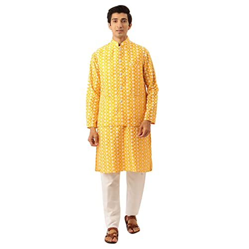 Image of SOJANYA (Since 1958 Men's Silk Blend Light Green Kurta & Nehrujacket with White Pyjama Combo