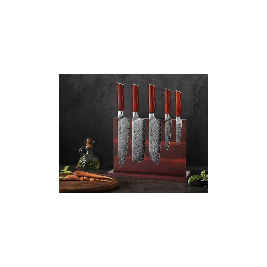 Wakoli-Red-Knife-Block-Set-5-Pieces-Chef-Knife-Set-with-Block-Damascus-Kitchen-Knife-Set-with-Magnetic-Knife-Block-Professional-Kitchen-Knife-Block-Set-with-Rosewood-Handles-Rose-Elegance Wakoli Red Knife Block Set, 5-Piece Chef Knife Set with Magnetic Block - Damascus Kitchen Knife Set with Rosewood Handles (Rose Elegance)