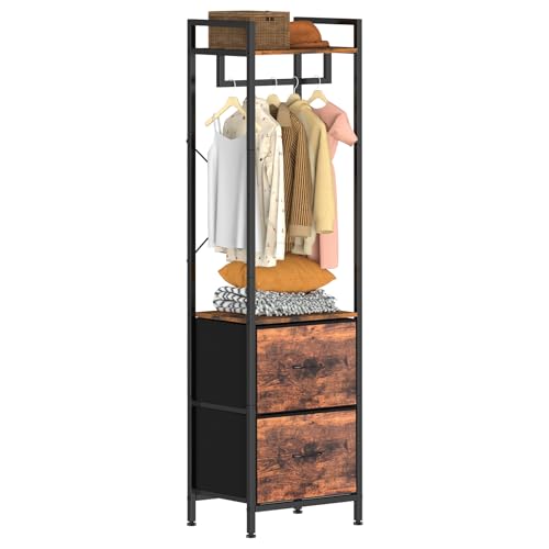 ハンガーラック 引き出し付き スリム 洋服ハンガー 服ラック 掛け タンス チェスト衣類収納 頑丈 収納 押し入れ 棚付き 2杯 幅40×奥行30×高さ180cm 省スペース 収納ケース ブラウン